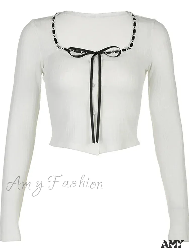 Amy Fashion - Retro Square Neck Long Sleeve Vintage Ribbed T-Shirts