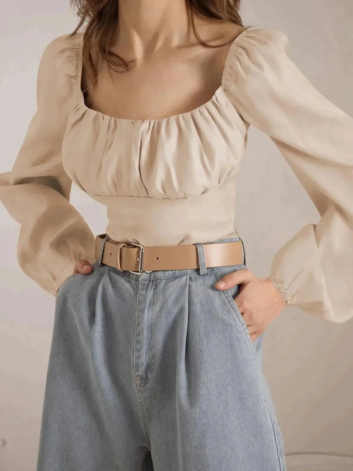 Ballon Sleeve Square Neck Crop Top