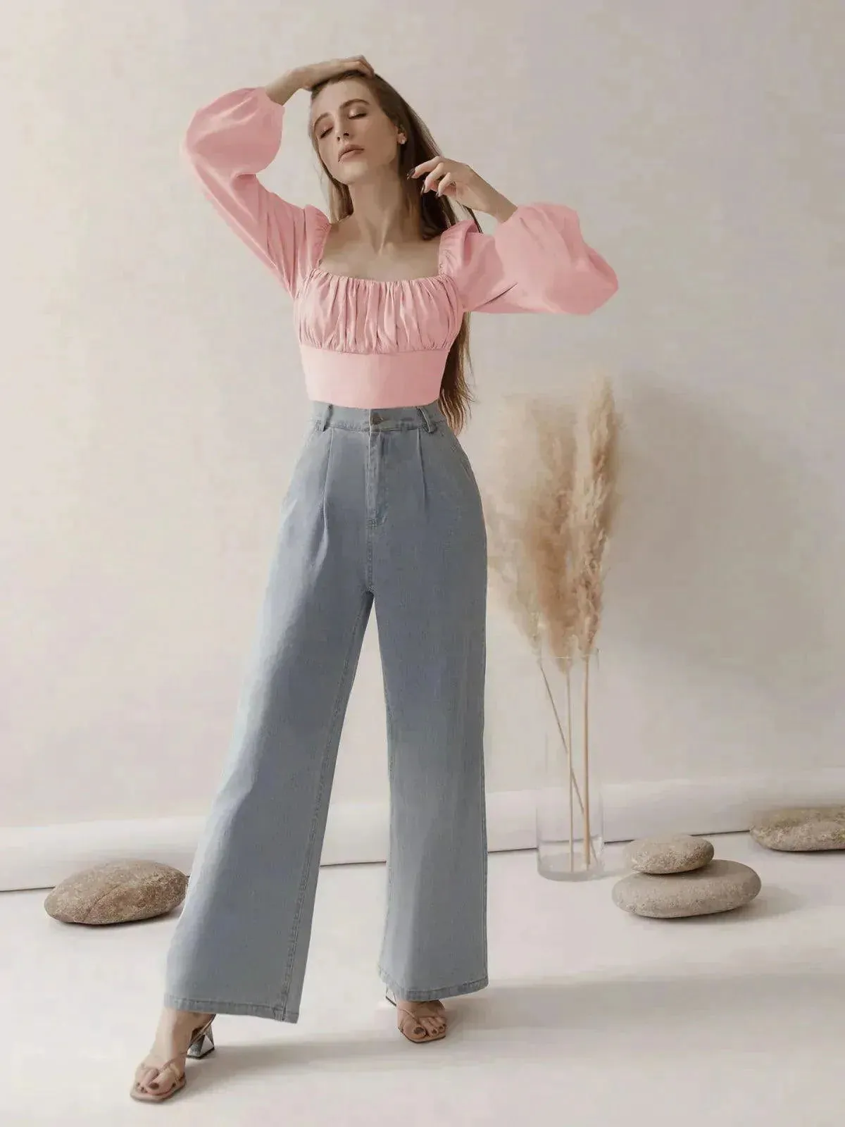 Ballon Sleeve Square Neck Crop Top
