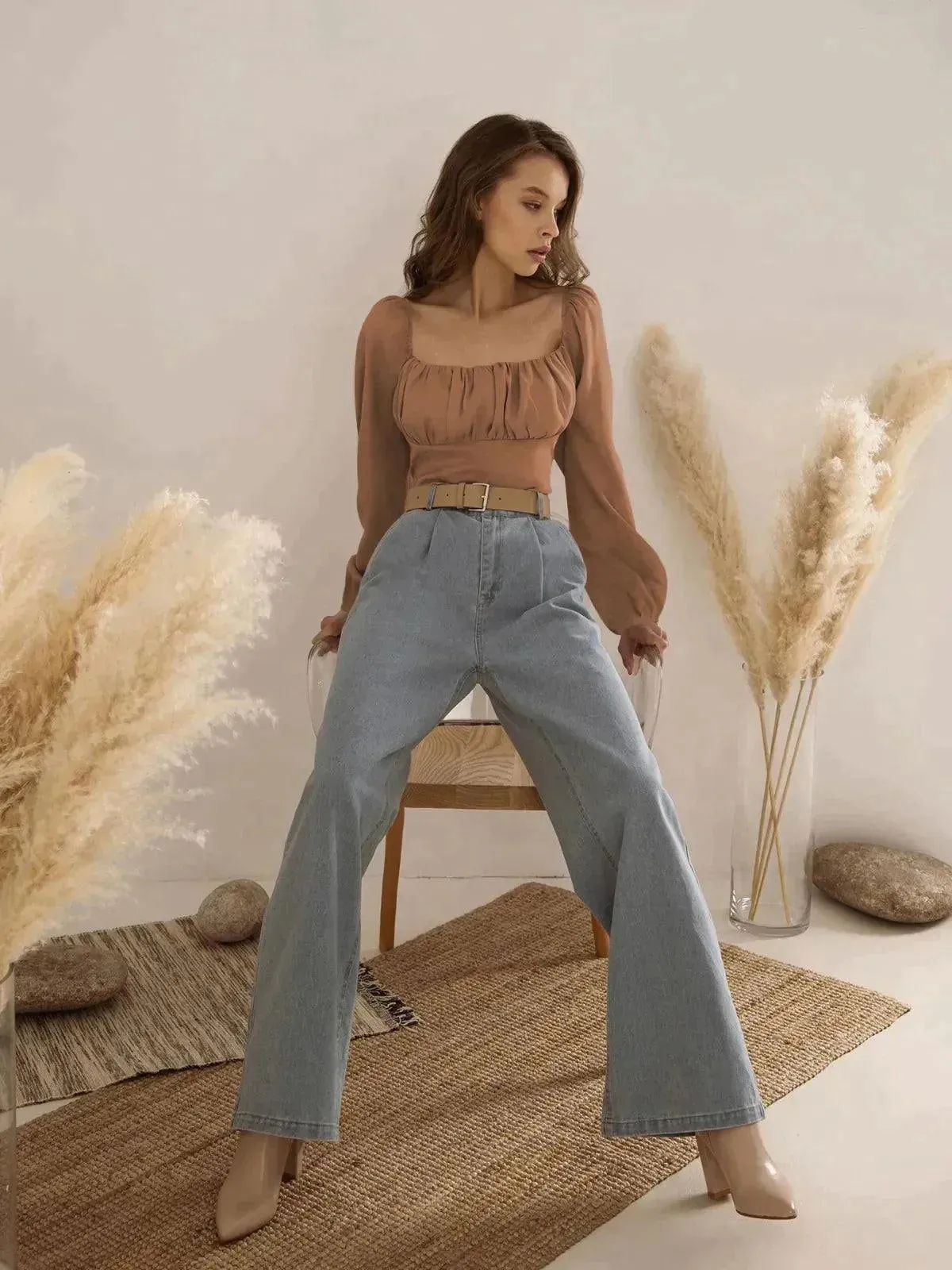 Ballon Sleeve Square Neck Crop Top