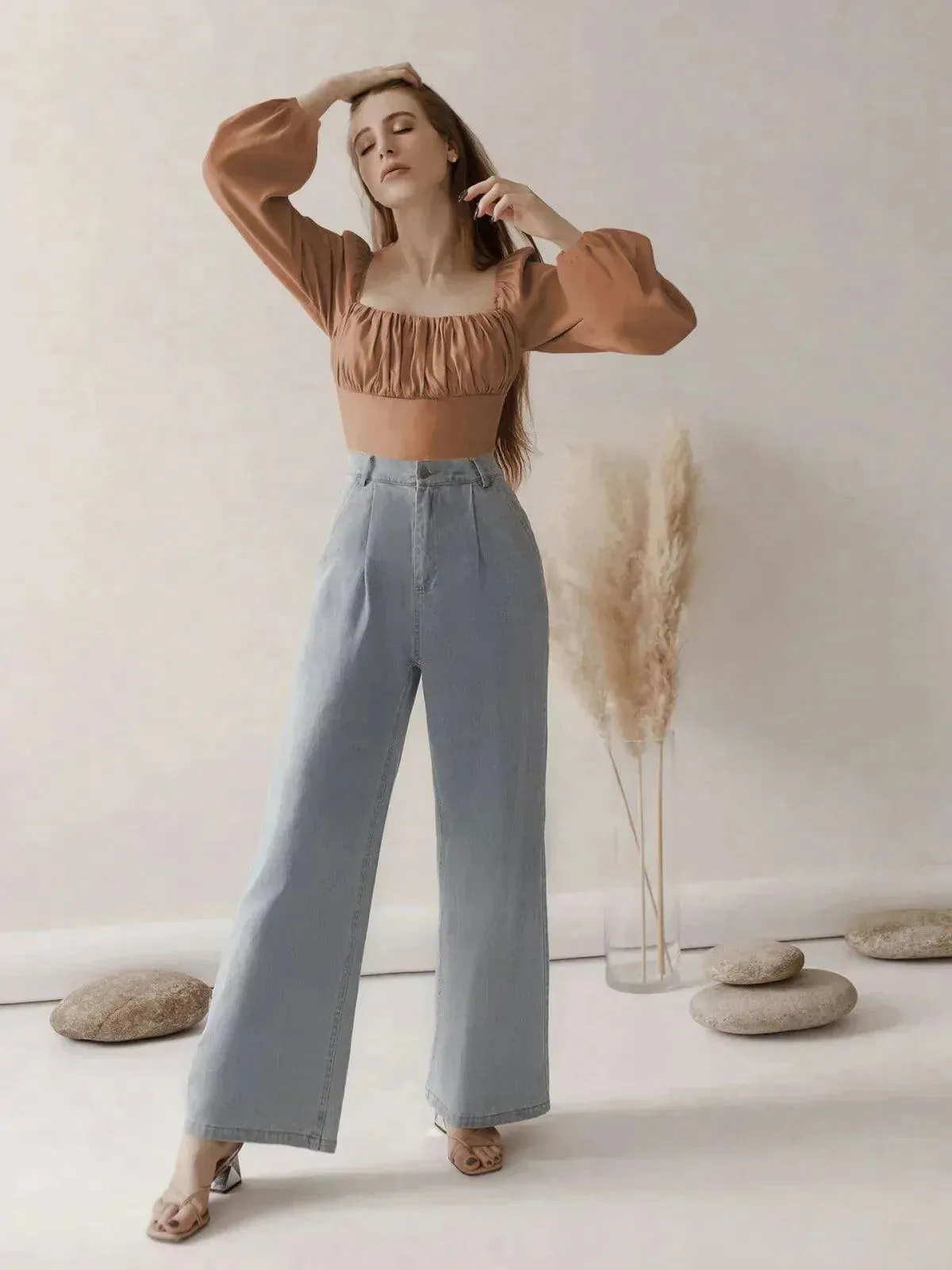Ballon Sleeve Square Neck Crop Top