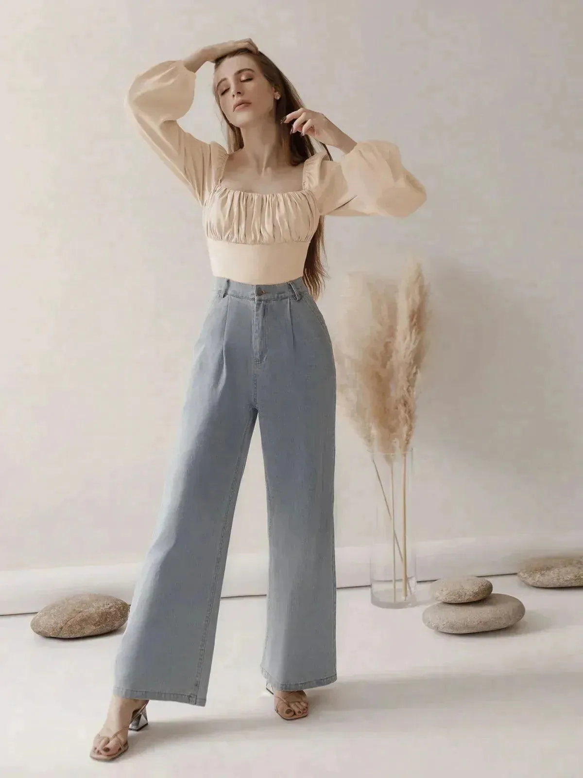 Ballon Sleeve Square Neck Crop Top