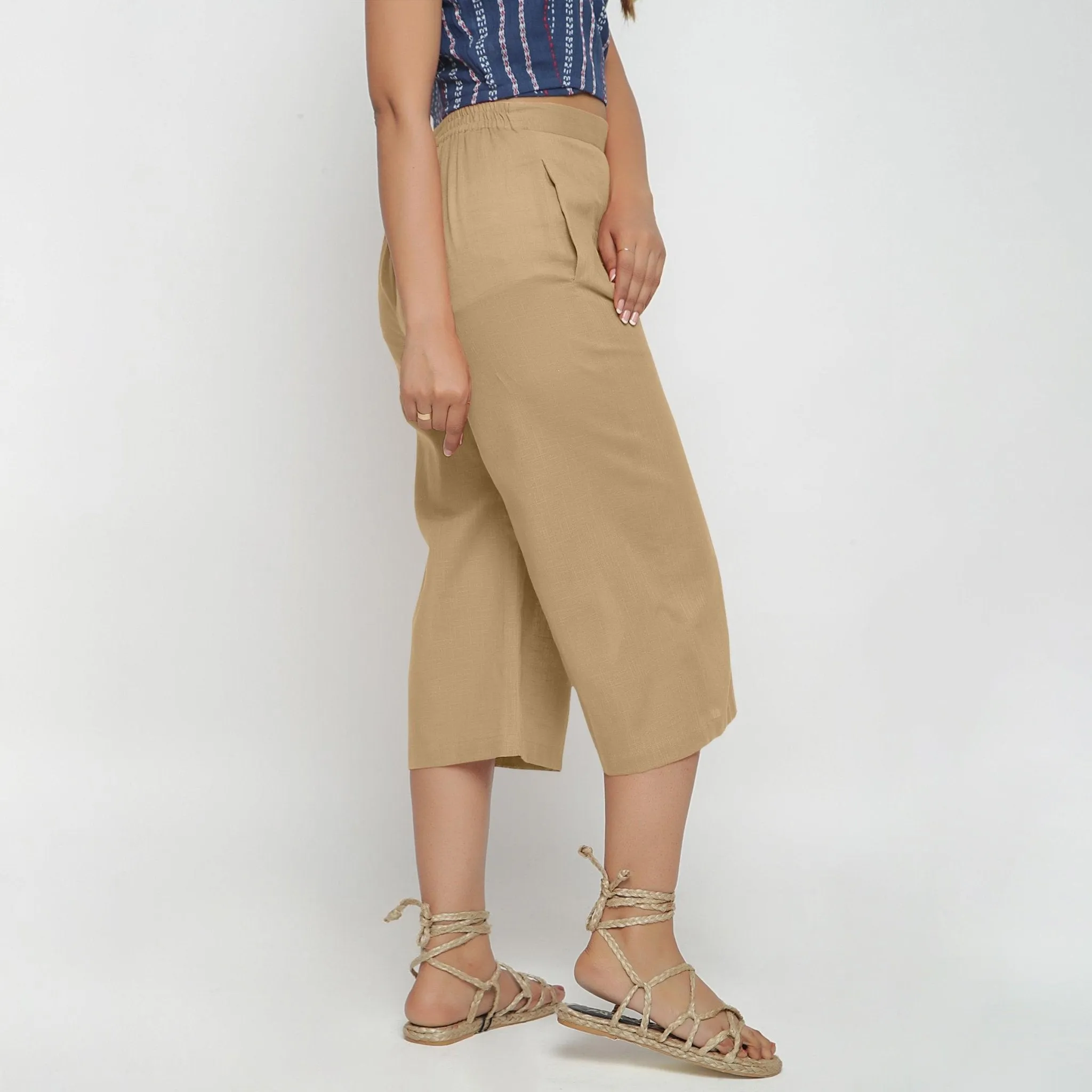 Beige 100% Cotton Elasticated High-Rise Culottes