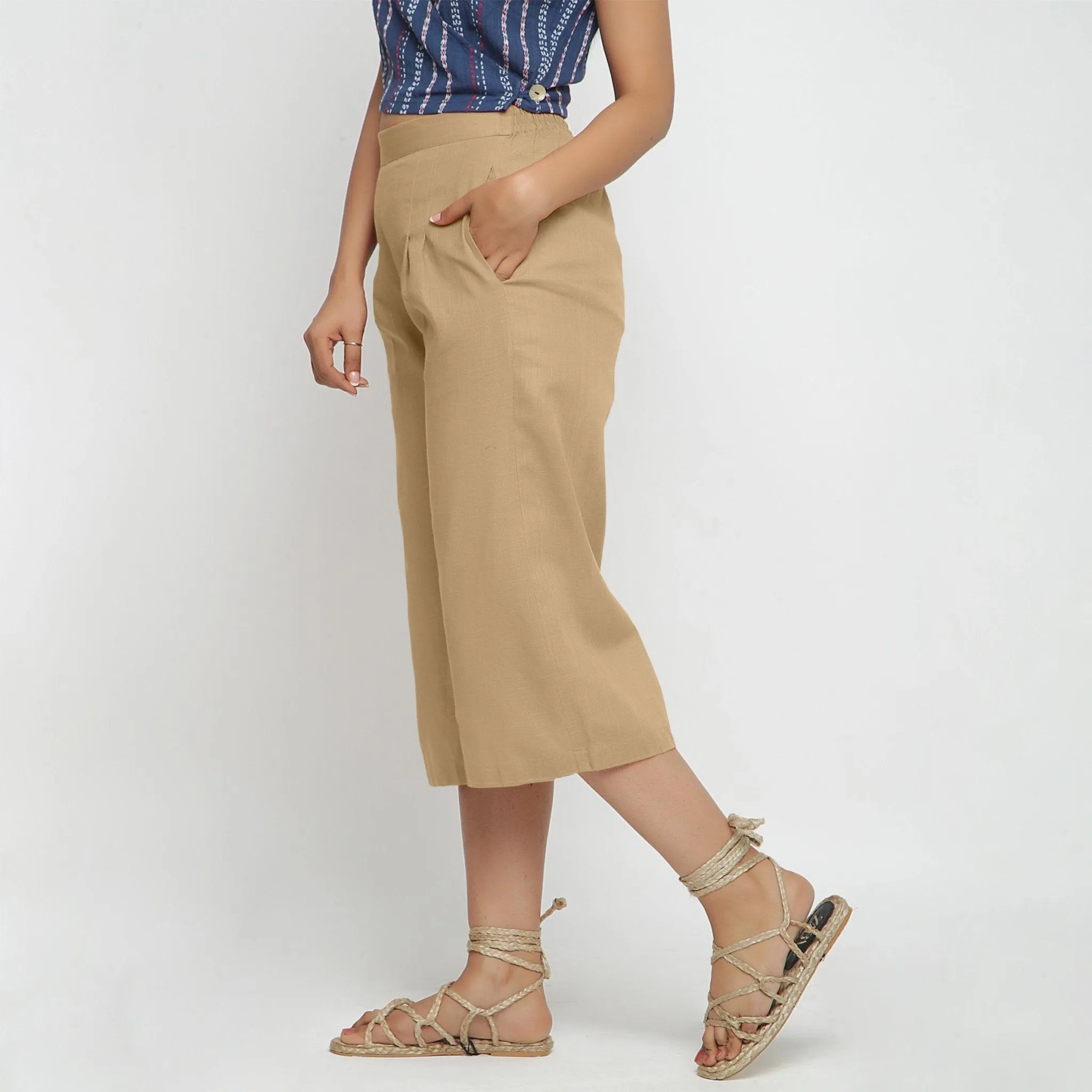 Beige 100% Cotton Elasticated High-Rise Culottes