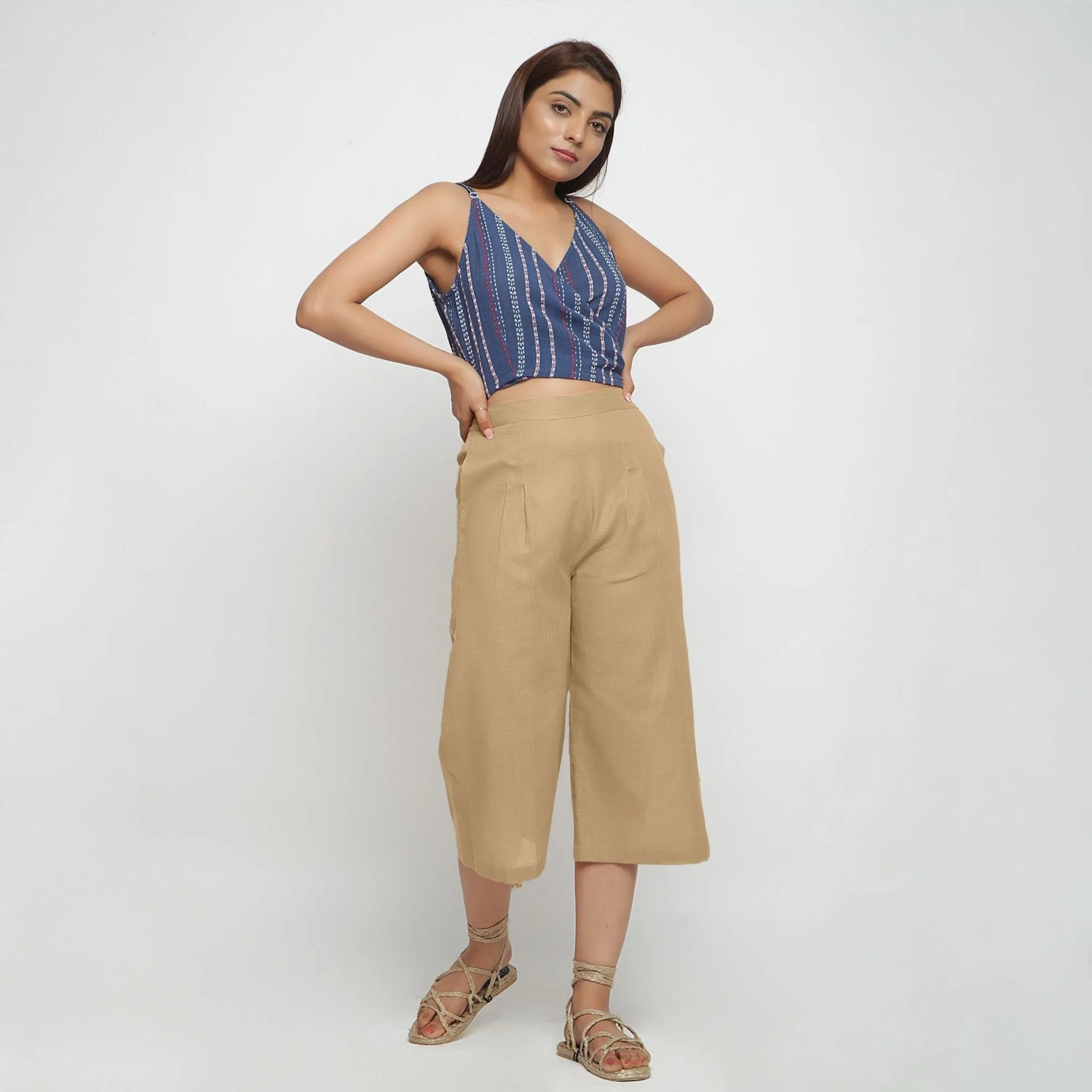 Beige 100% Cotton Elasticated High-Rise Culottes
