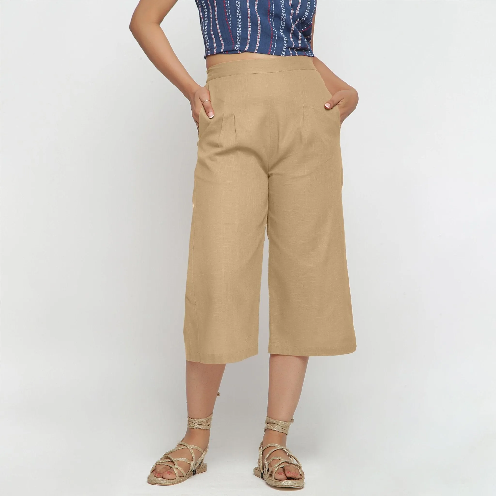 Beige 100% Cotton Elasticated High-Rise Culottes