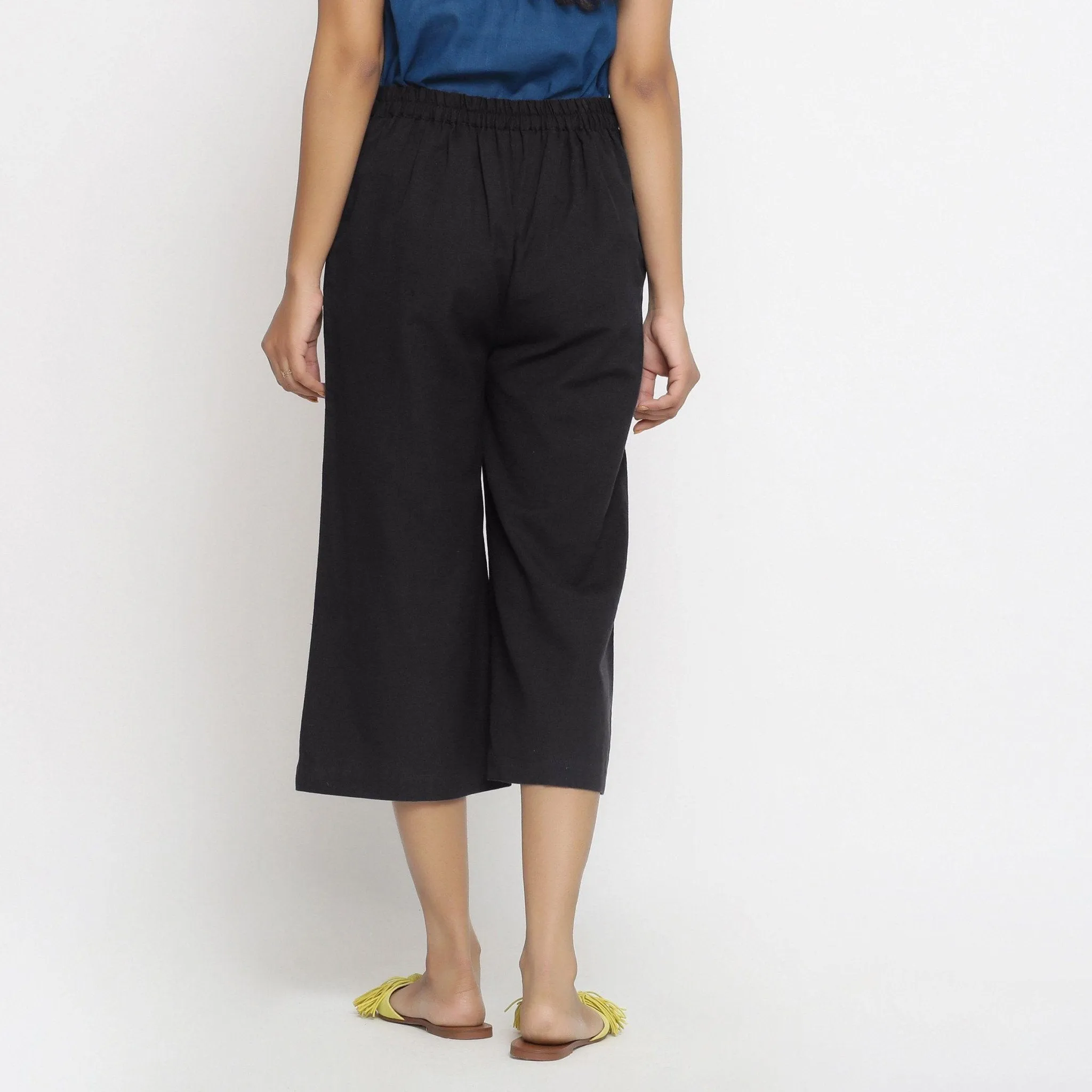 Black Cotton Flax Elasticated Mid-Rise Culottes