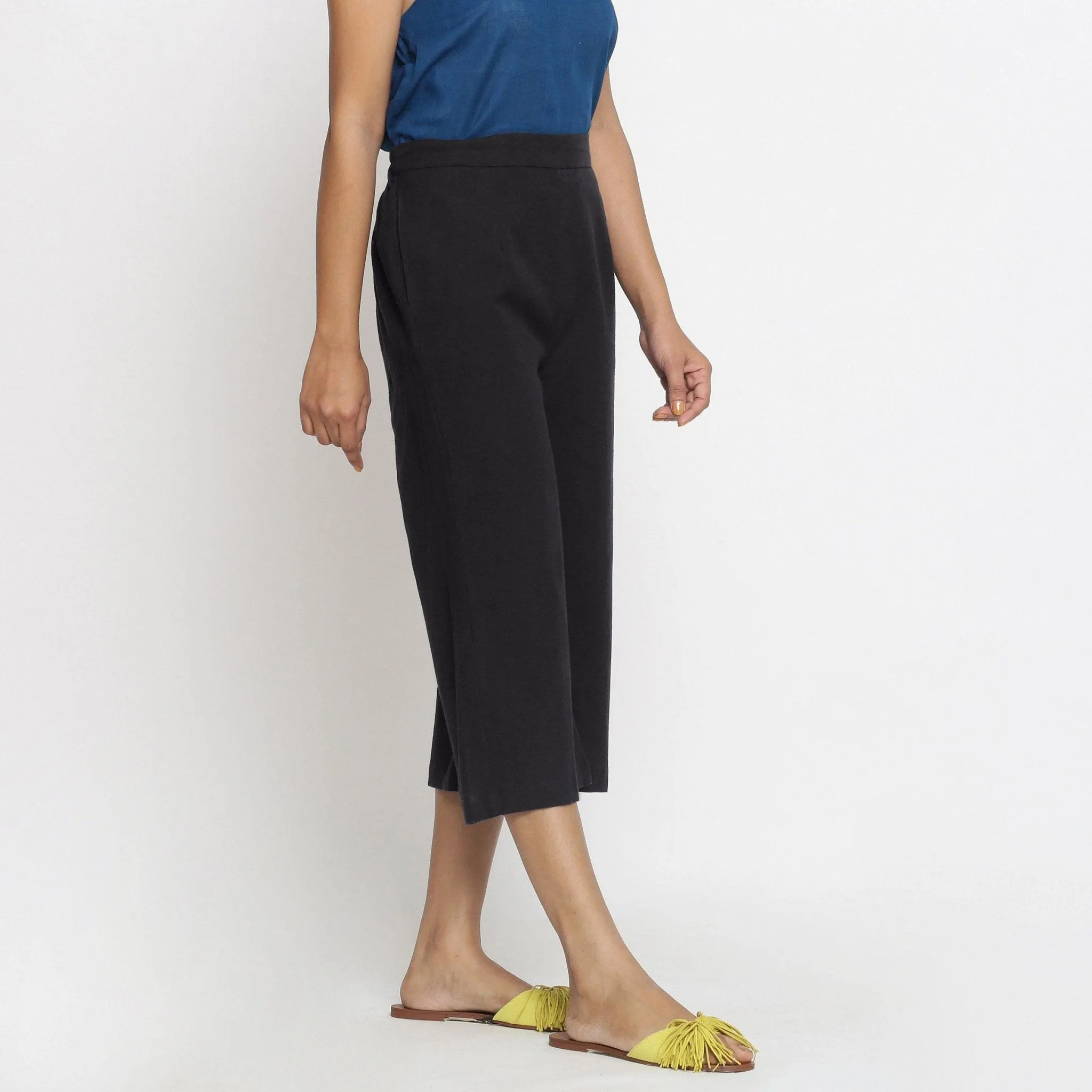 Black Cotton Flax Elasticated Mid-Rise Culottes