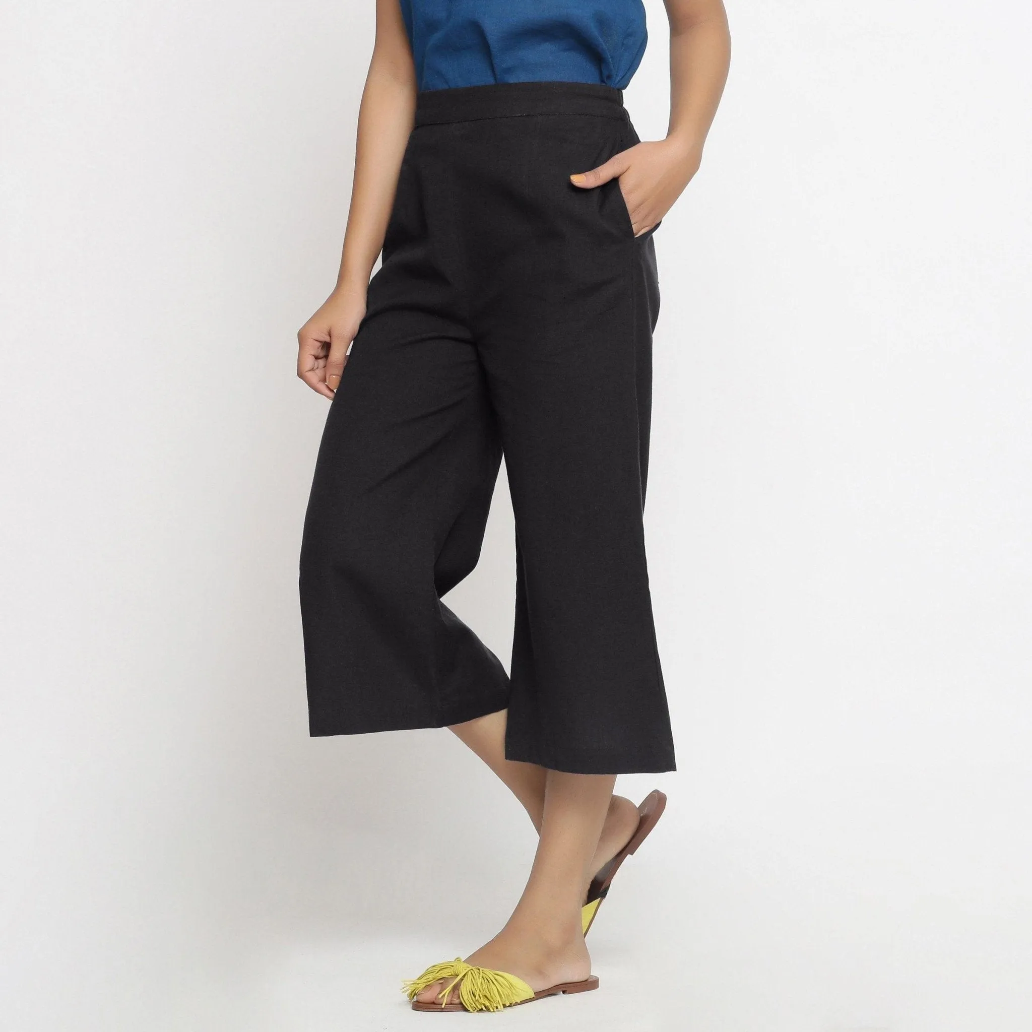 Black Cotton Flax Elasticated Mid-Rise Culottes