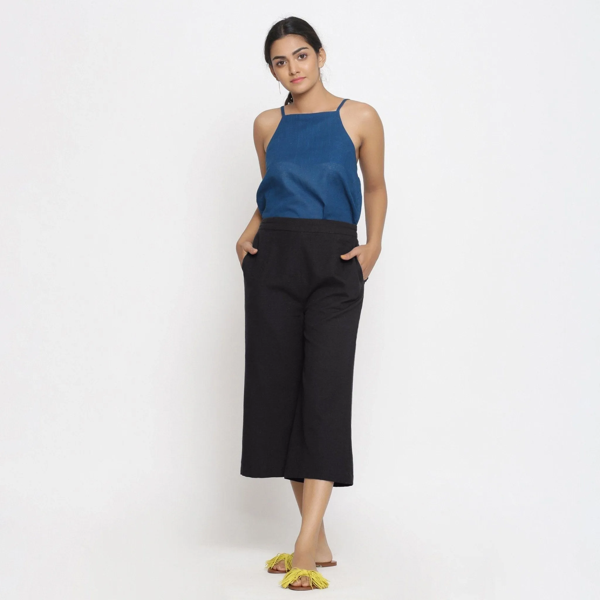 Black Cotton Flax Elasticated Mid-Rise Culottes