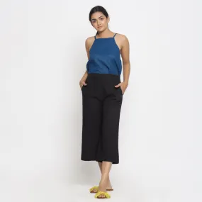 Black Cotton Flax Elasticated Mid-Rise Culottes