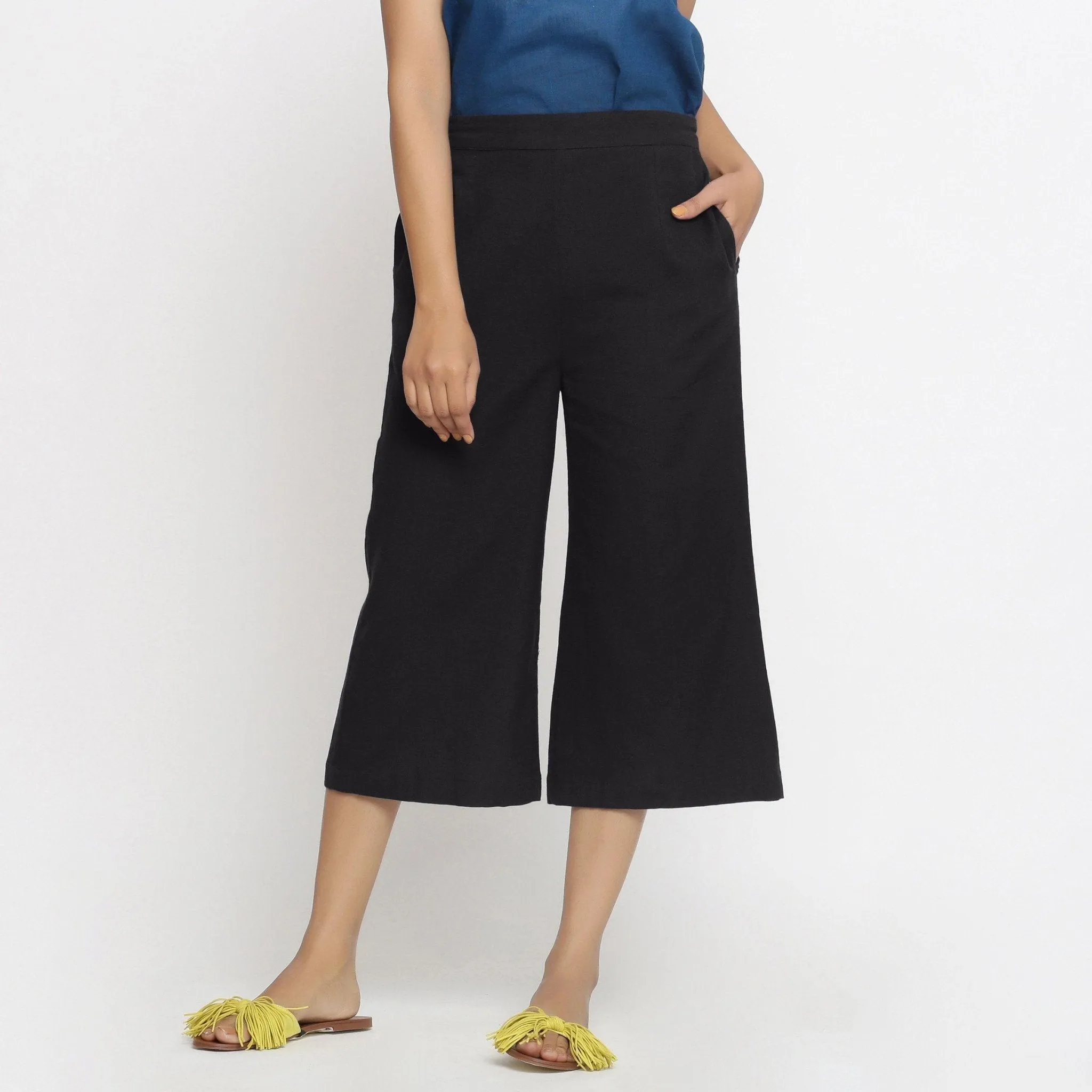 Black Cotton Flax Elasticated Mid-Rise Culottes