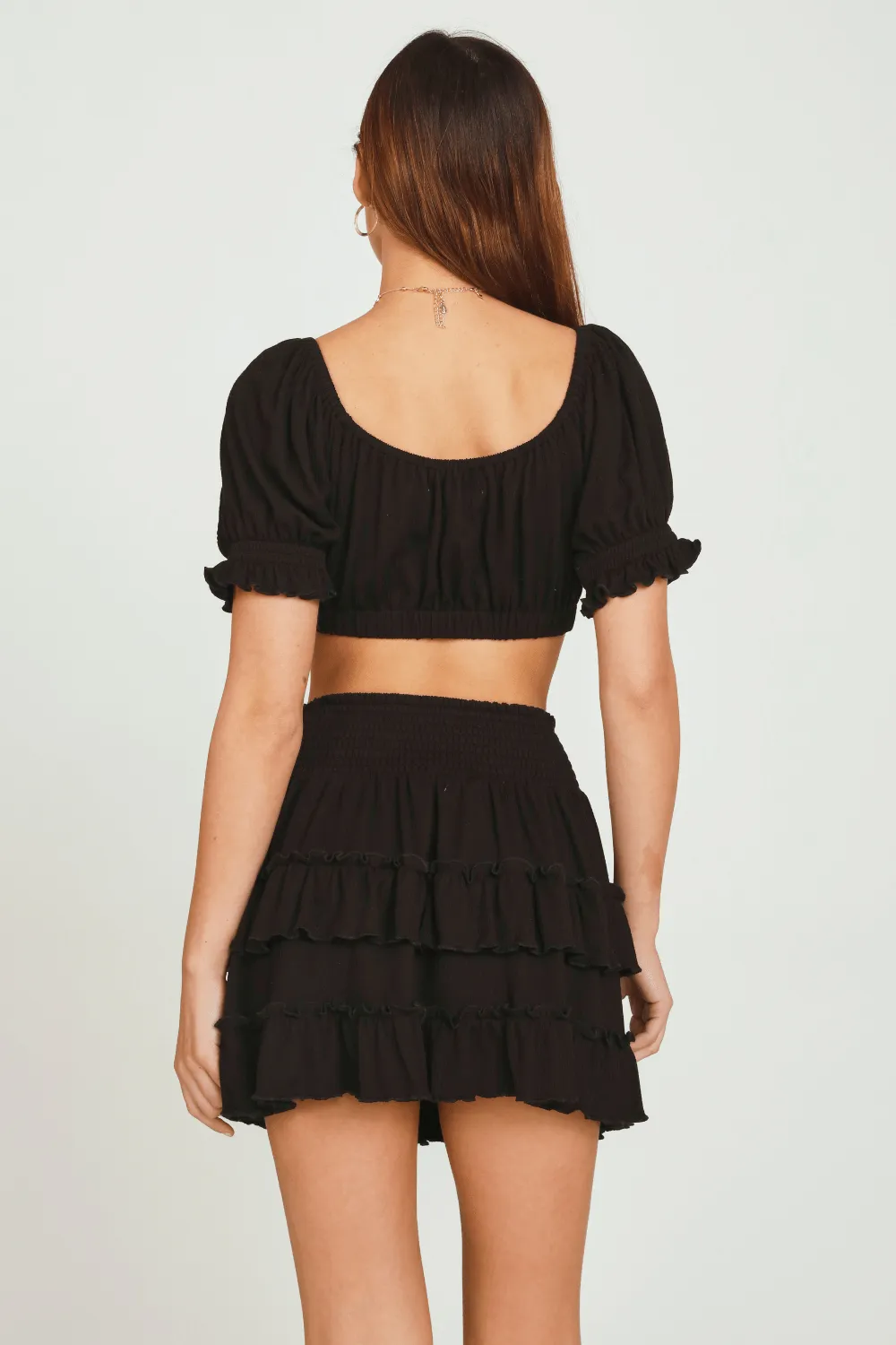 Black Rib Knit Tie Front Balloon Sleeve Crop Top