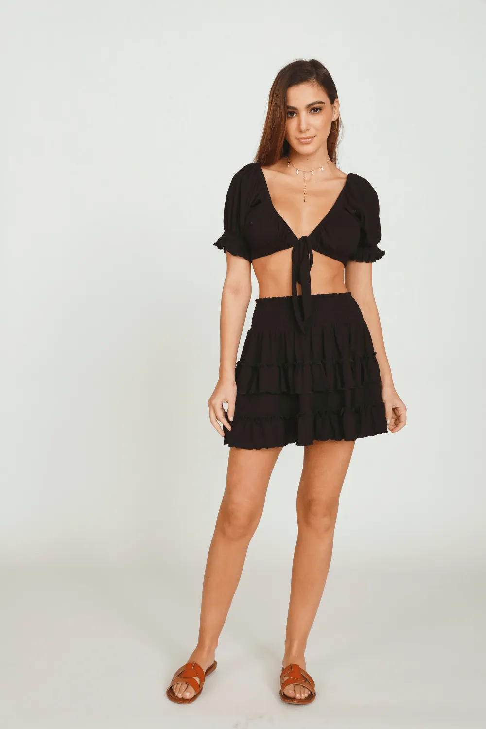 Black Rib Knit Tie Front Balloon Sleeve Crop Top