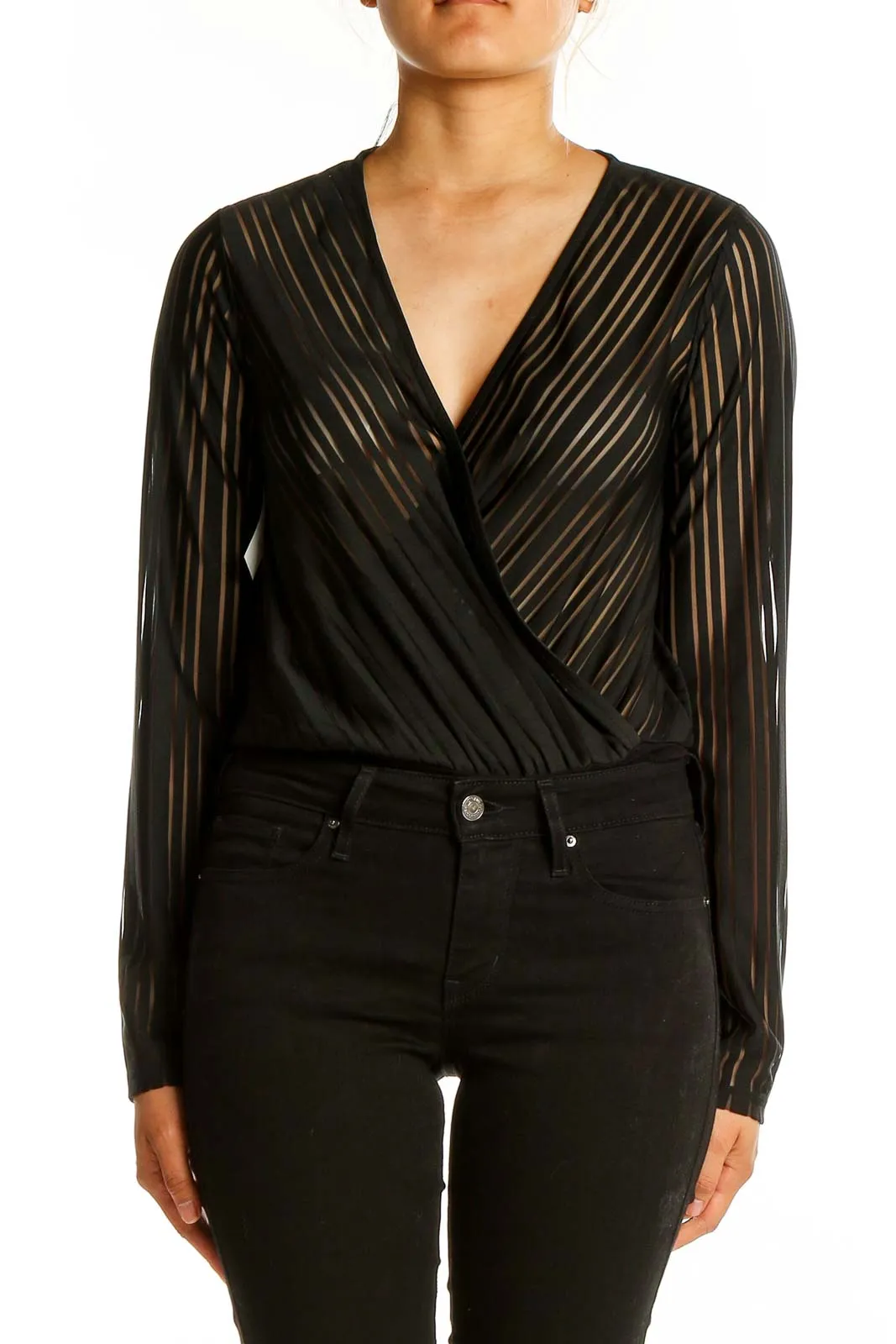 Black Sheer Striped Wrap Bodysuit