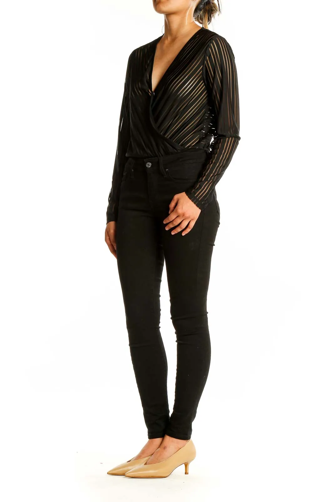 Black Sheer Striped Wrap Bodysuit