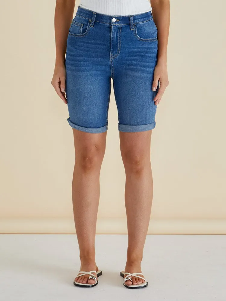 Bonnie Bermuda Denim Longer Length Shorts - Indigo Blue Mix