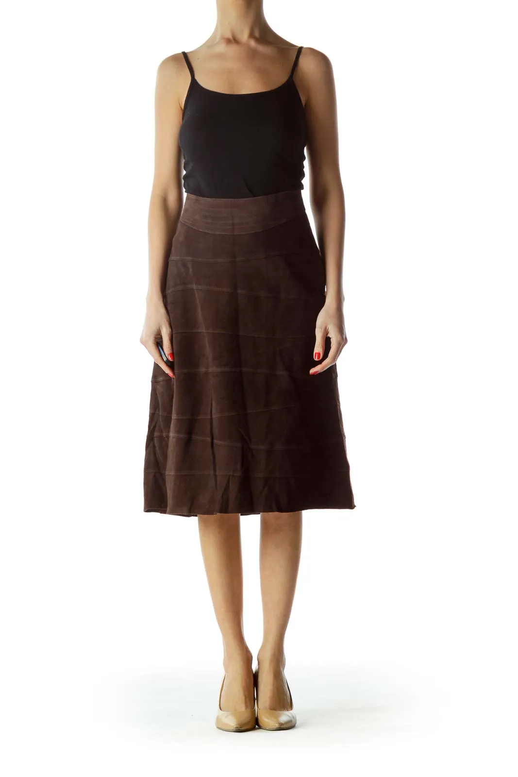 Brown Suede A-Line Midi Skirt