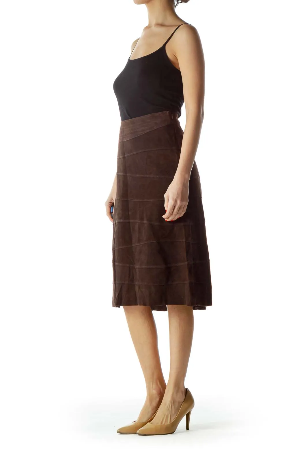 Brown Suede A-Line Midi Skirt