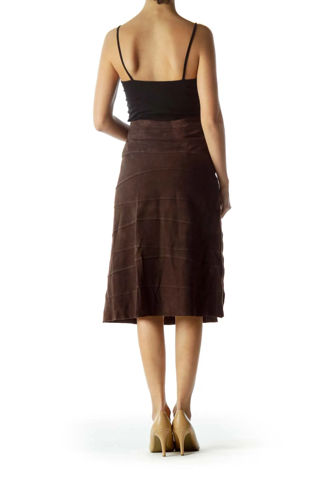 Brown Suede A-Line Midi Skirt
