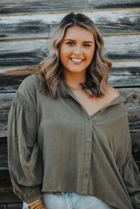 Curvy Olive Button Down Balloon Sleeve Top