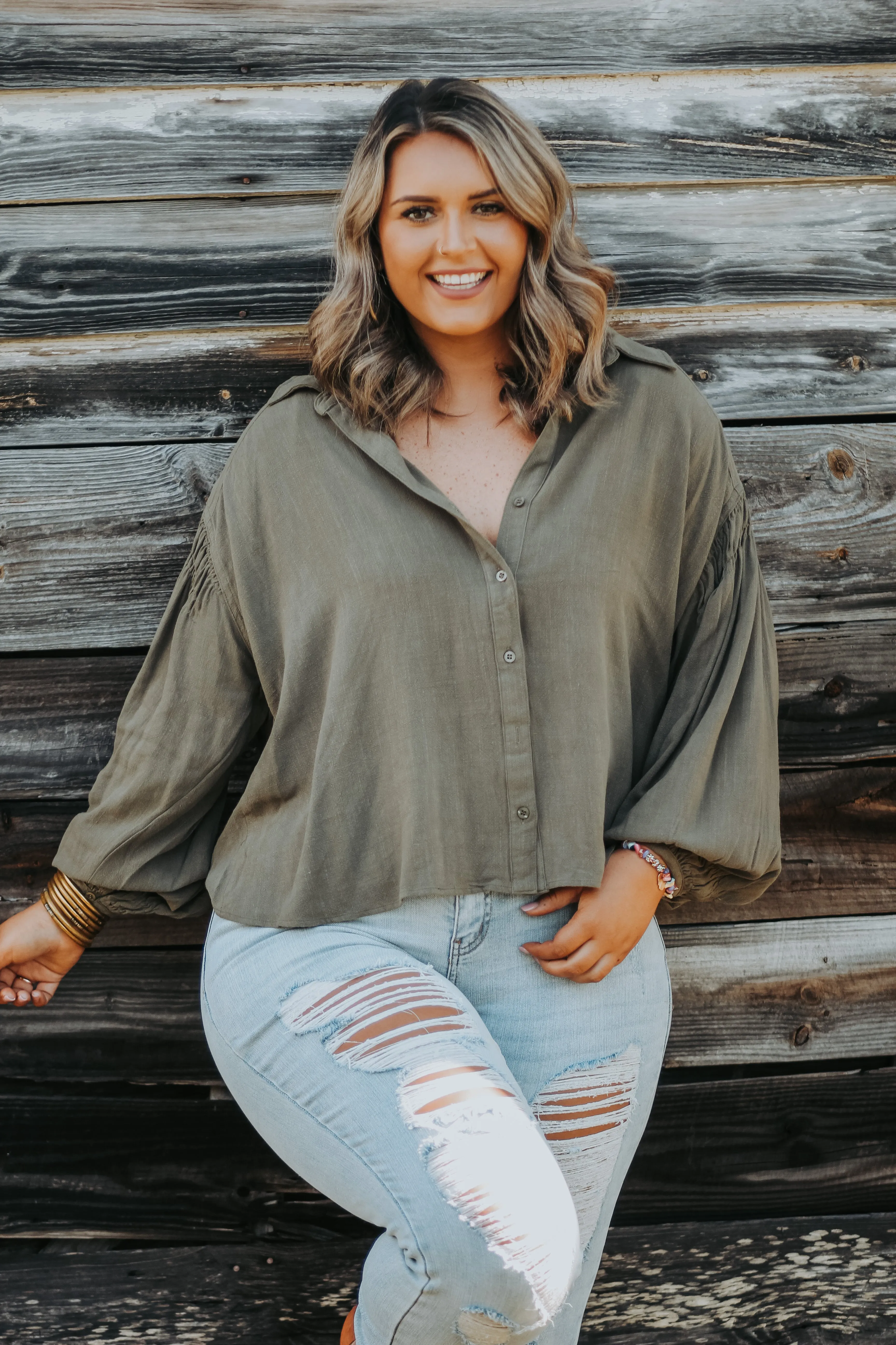 Curvy Olive Button Down Balloon Sleeve Top