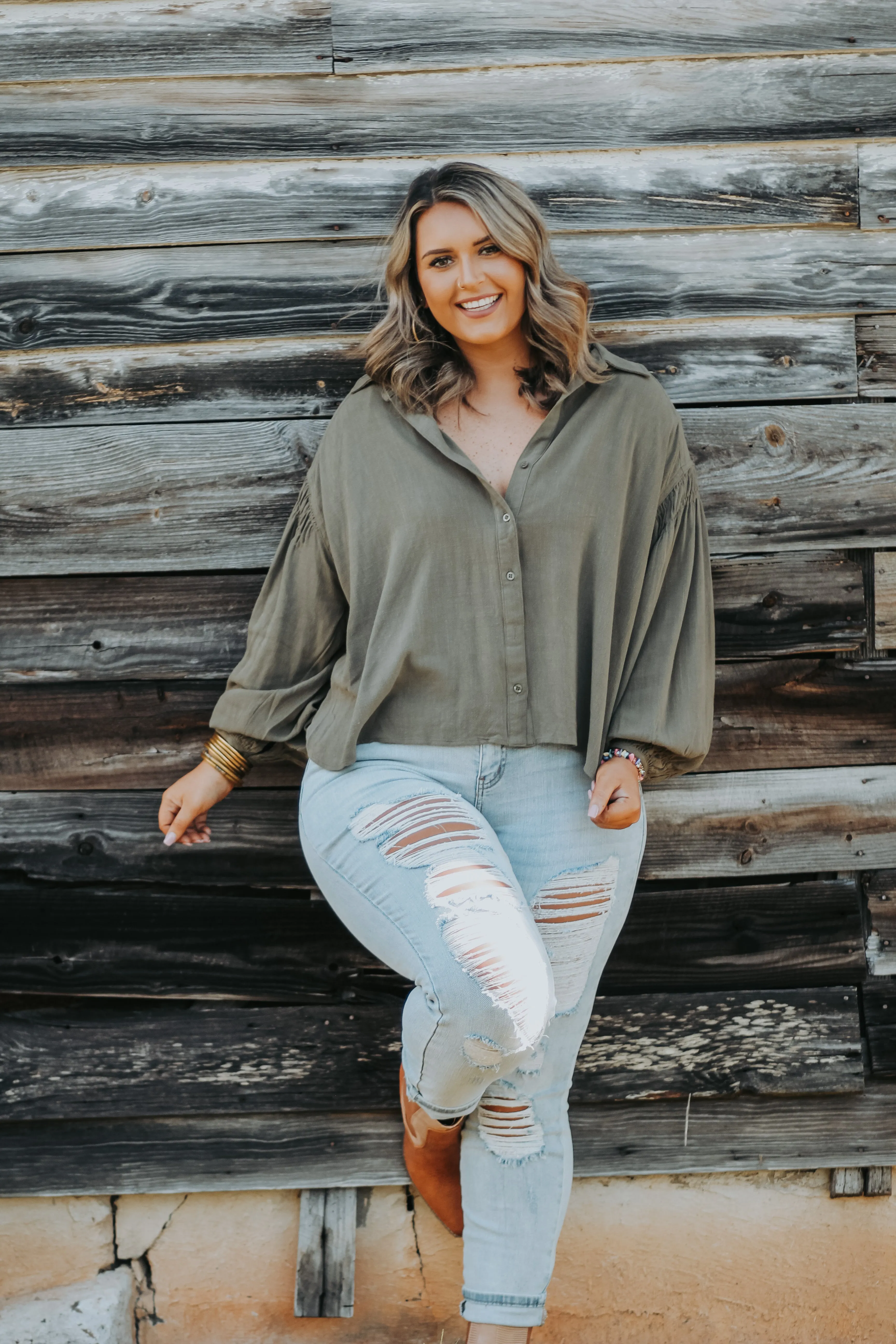 Curvy Olive Button Down Balloon Sleeve Top