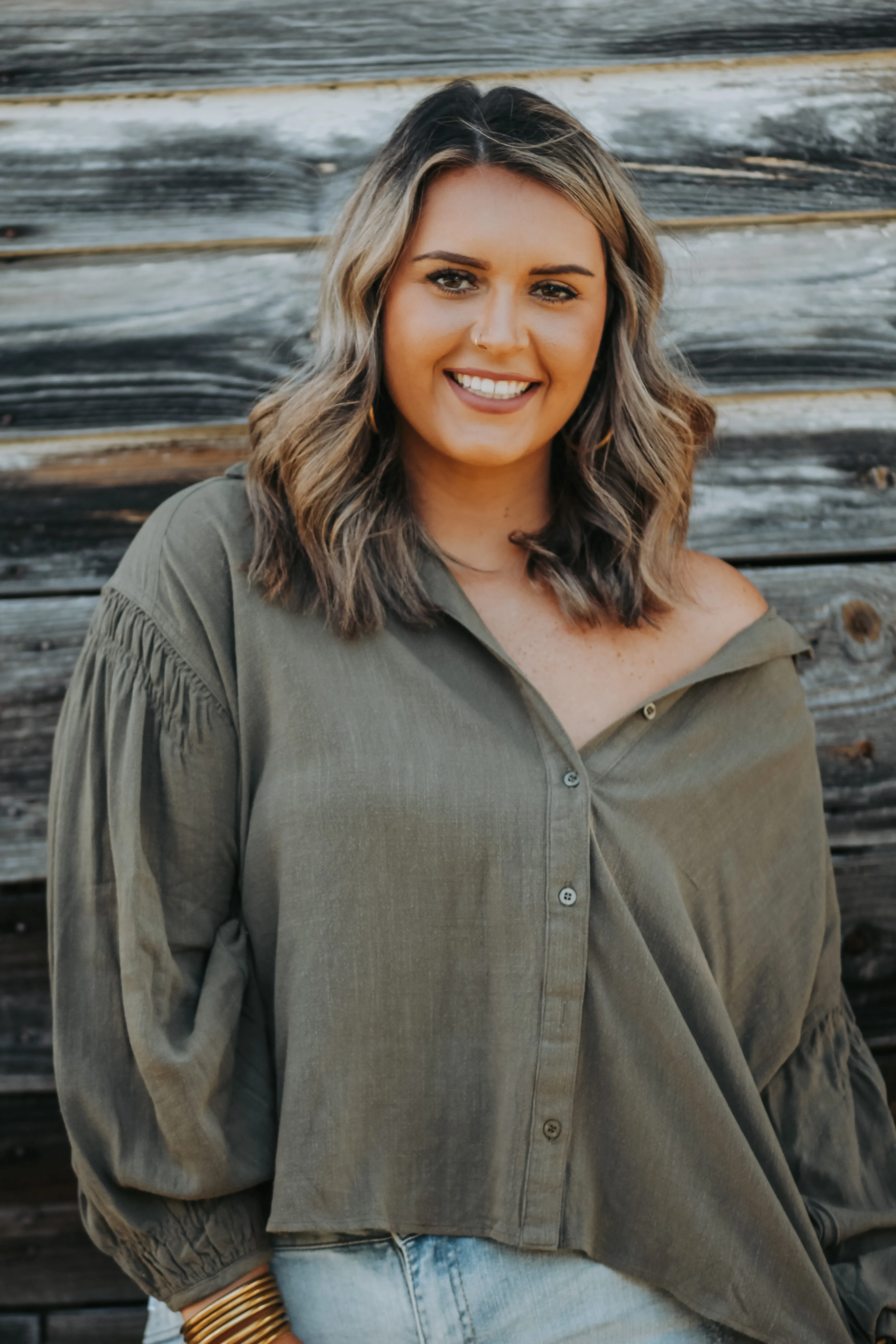 Curvy Olive Button Down Balloon Sleeve Top