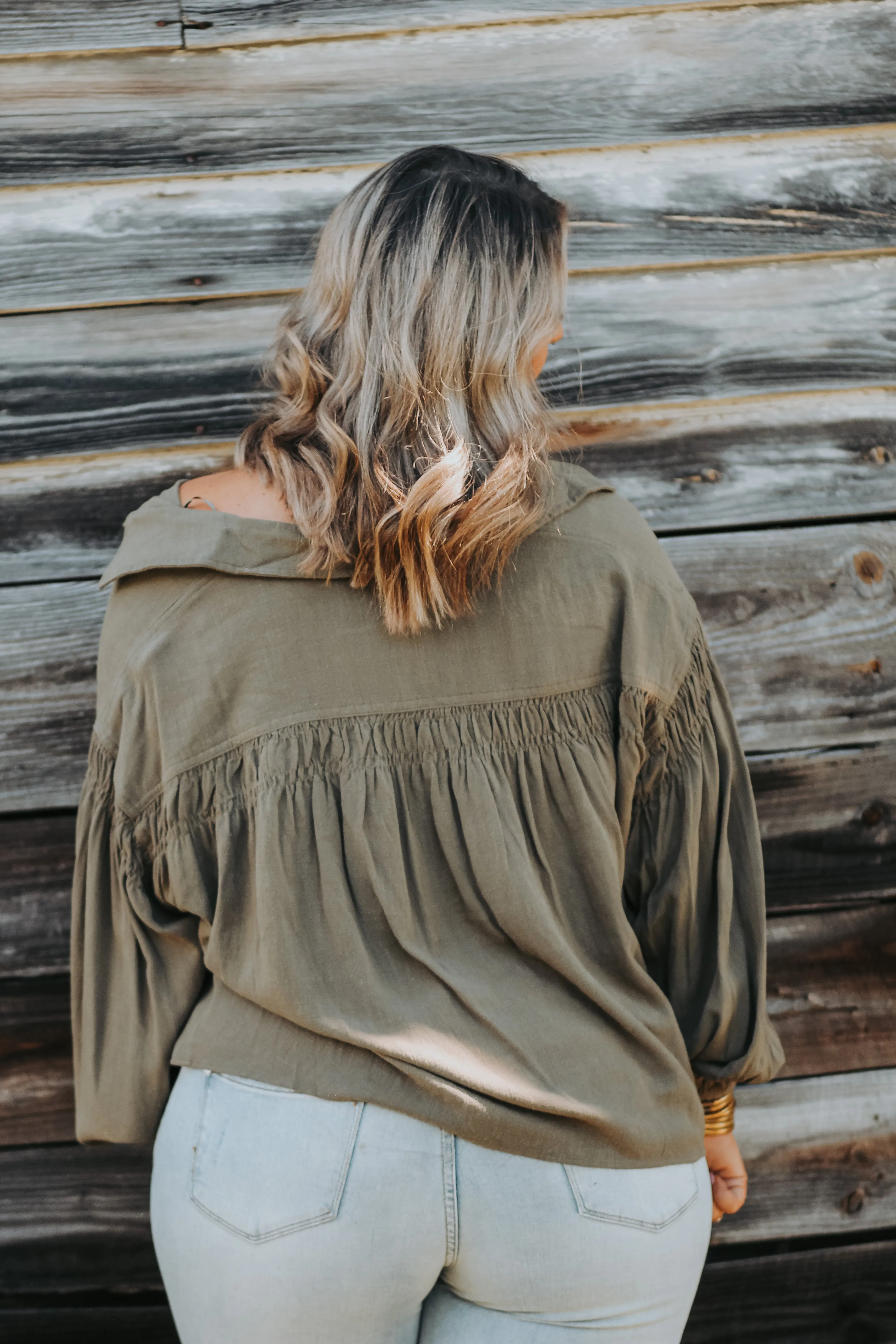Curvy Olive Button Down Balloon Sleeve Top
