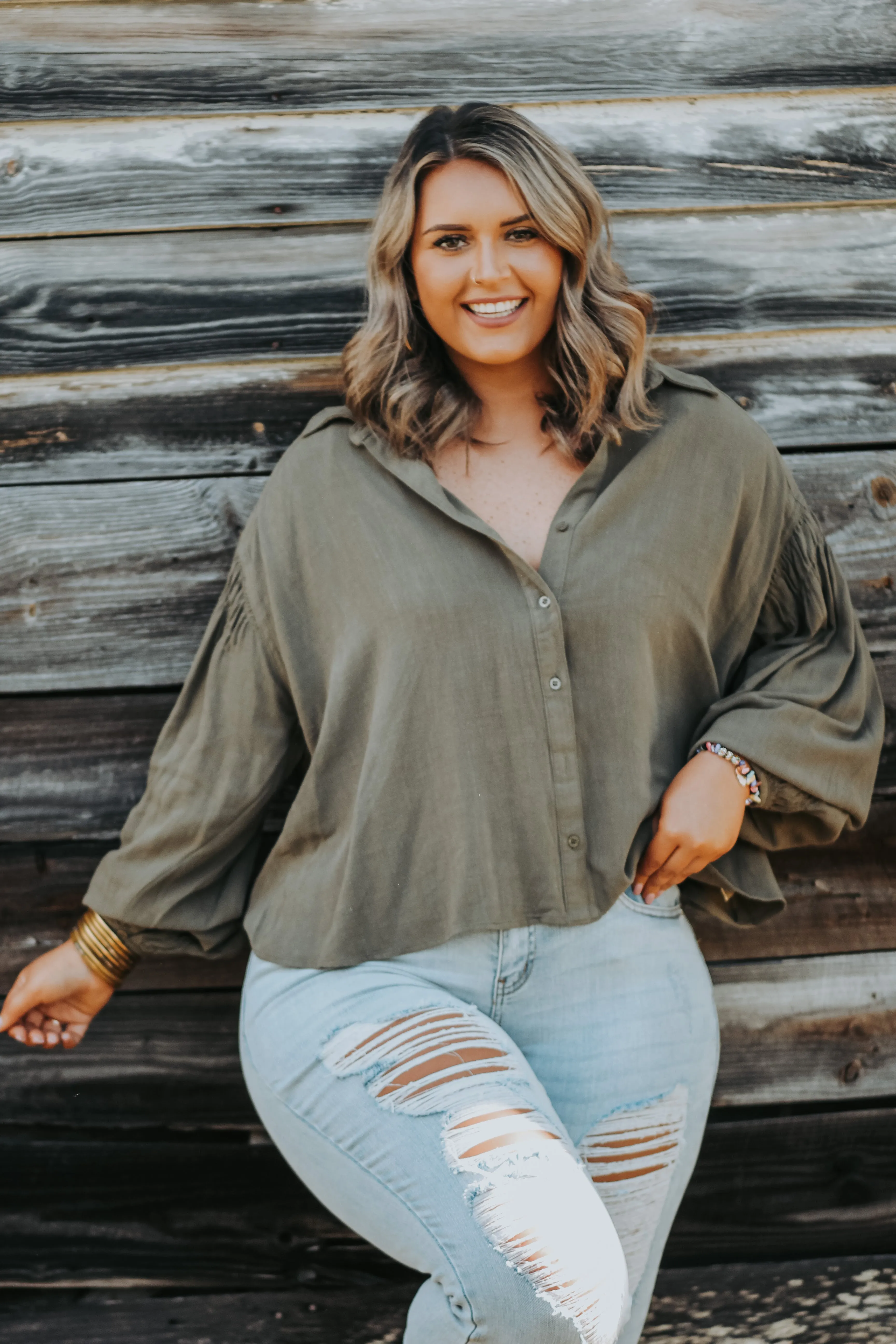 Curvy Olive Button Down Balloon Sleeve Top