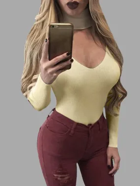 Custom High Neck Long Sleeve Bodycon Hem Beige T-Shirts