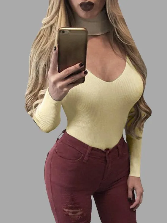 Custom High Neck Long Sleeve Bodycon Hem Beige T-Shirts