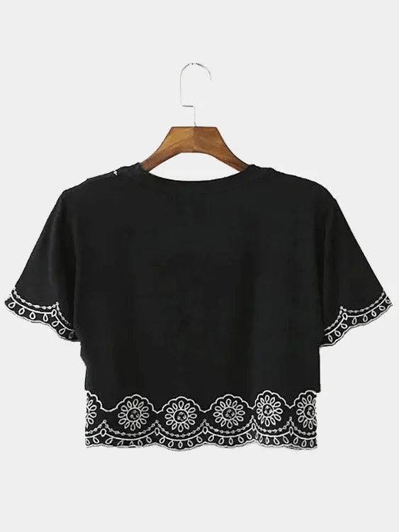 Custom Round Neck Lace Short Sleeve Black Fashion Tee