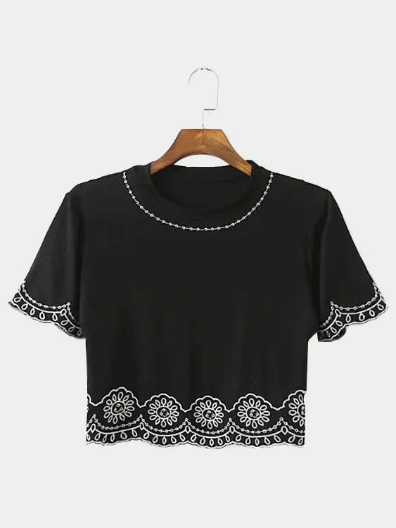 Custom Round Neck Lace Short Sleeve Black Fashion Tee