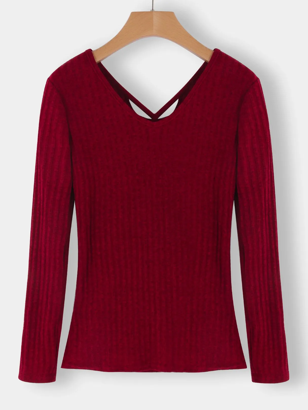 Custom V-Neck Pullover Hollow Long Sleeve Red T-Shirts