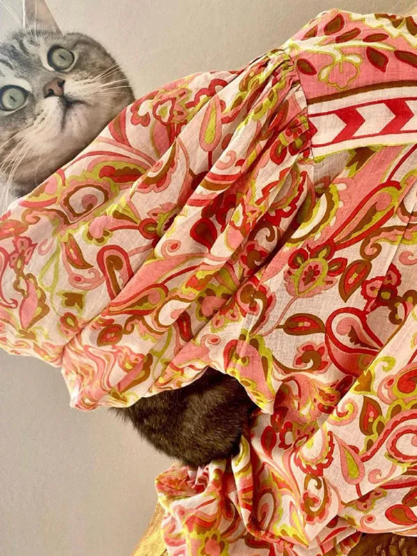 Elegant Colorfull Paisley Lantern Sleeve Shirt Blouse