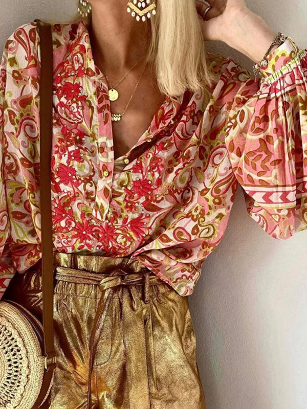 Elegant Colorfull Paisley Lantern Sleeve Shirt Blouse