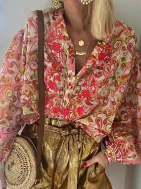 Elegant Colorfull Paisley Lantern Sleeve Shirt Blouse