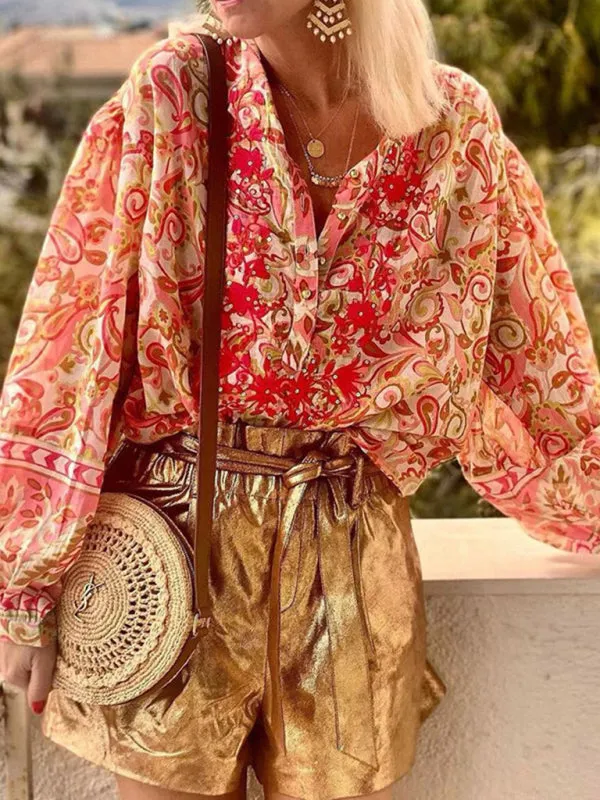 Elegant Colorfull Paisley Lantern Sleeve Shirt Blouse