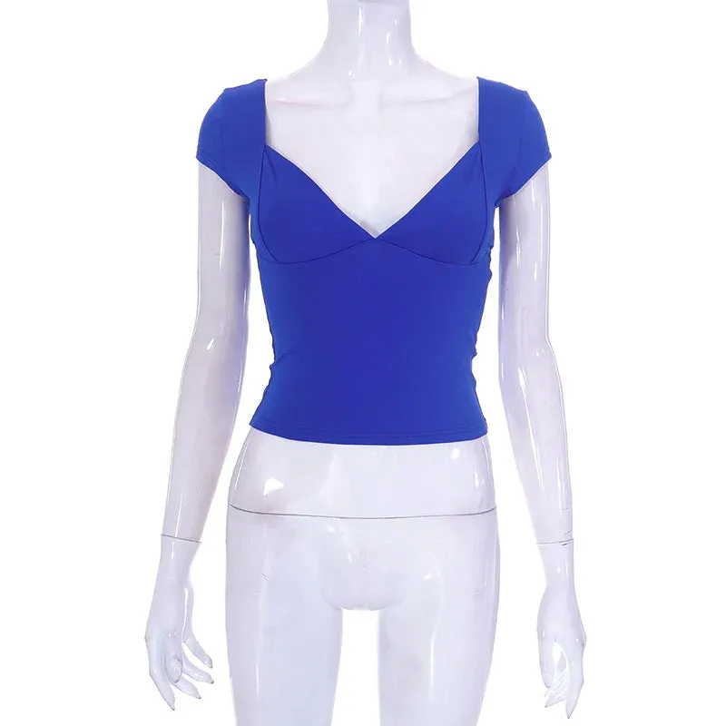 Fairy Grunge Sweet Solid Color V Neck Short Sleeve Tee