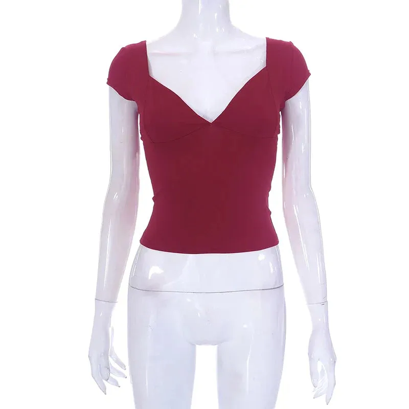 Fairy Grunge Sweet Solid Color V Neck Short Sleeve Tee