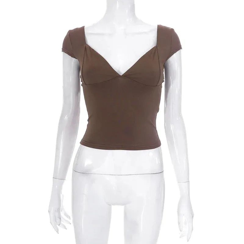 Fairy Grunge Sweet Solid Color V Neck Short Sleeve Tee