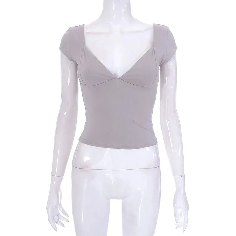 Fairy Grunge Sweet Solid Color V Neck Short Sleeve Tee