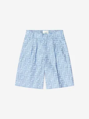 Fendi Boys Linen FF Jacquard Bermuda Shorts in Blue