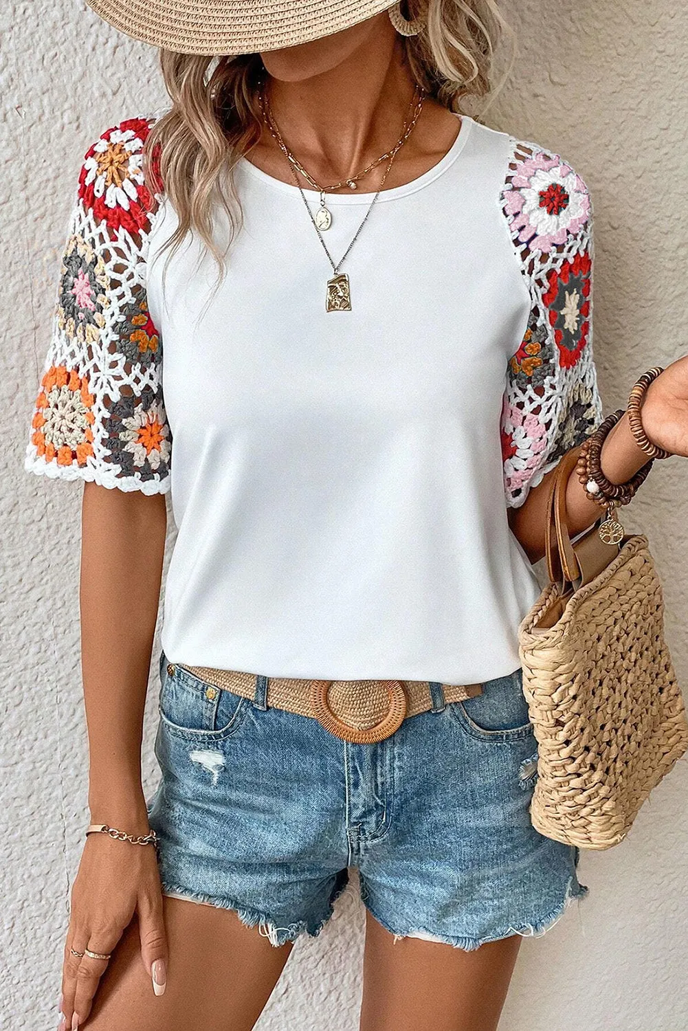 Floral  Crochet Sleeve Boho Blouse