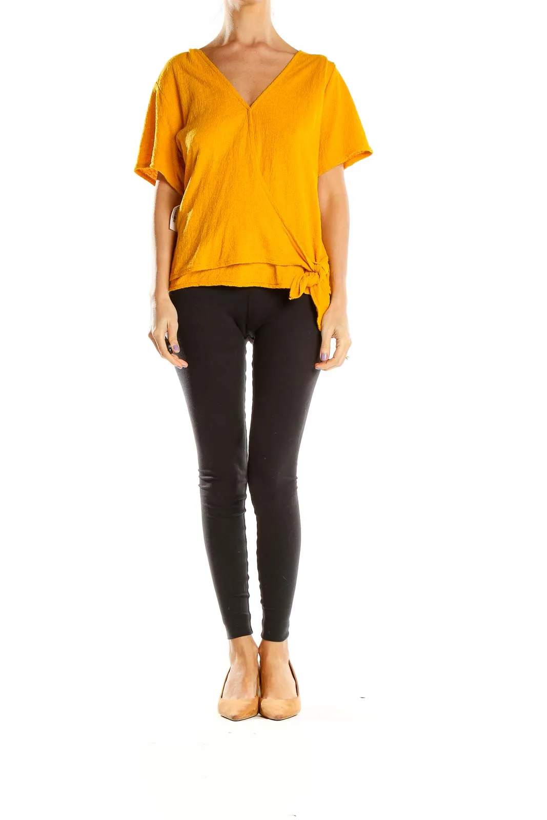 Golden Wrap-Style Short Sleeve Top