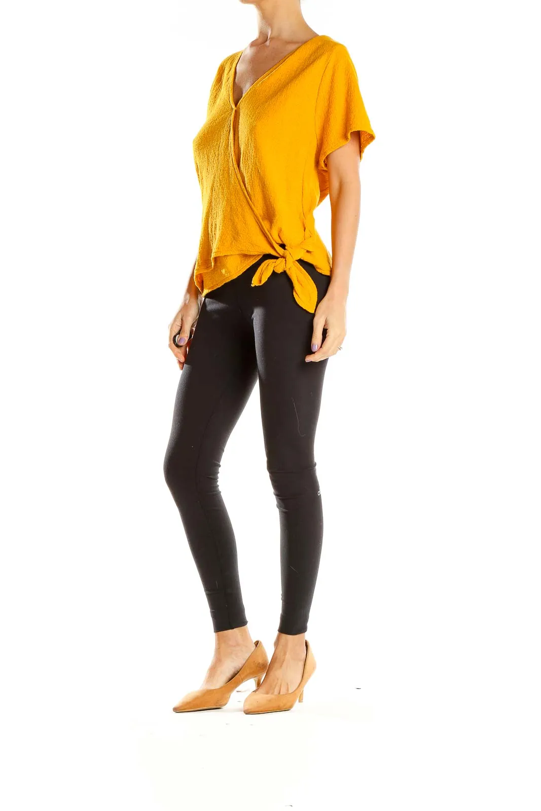 Golden Wrap-Style Short Sleeve Top