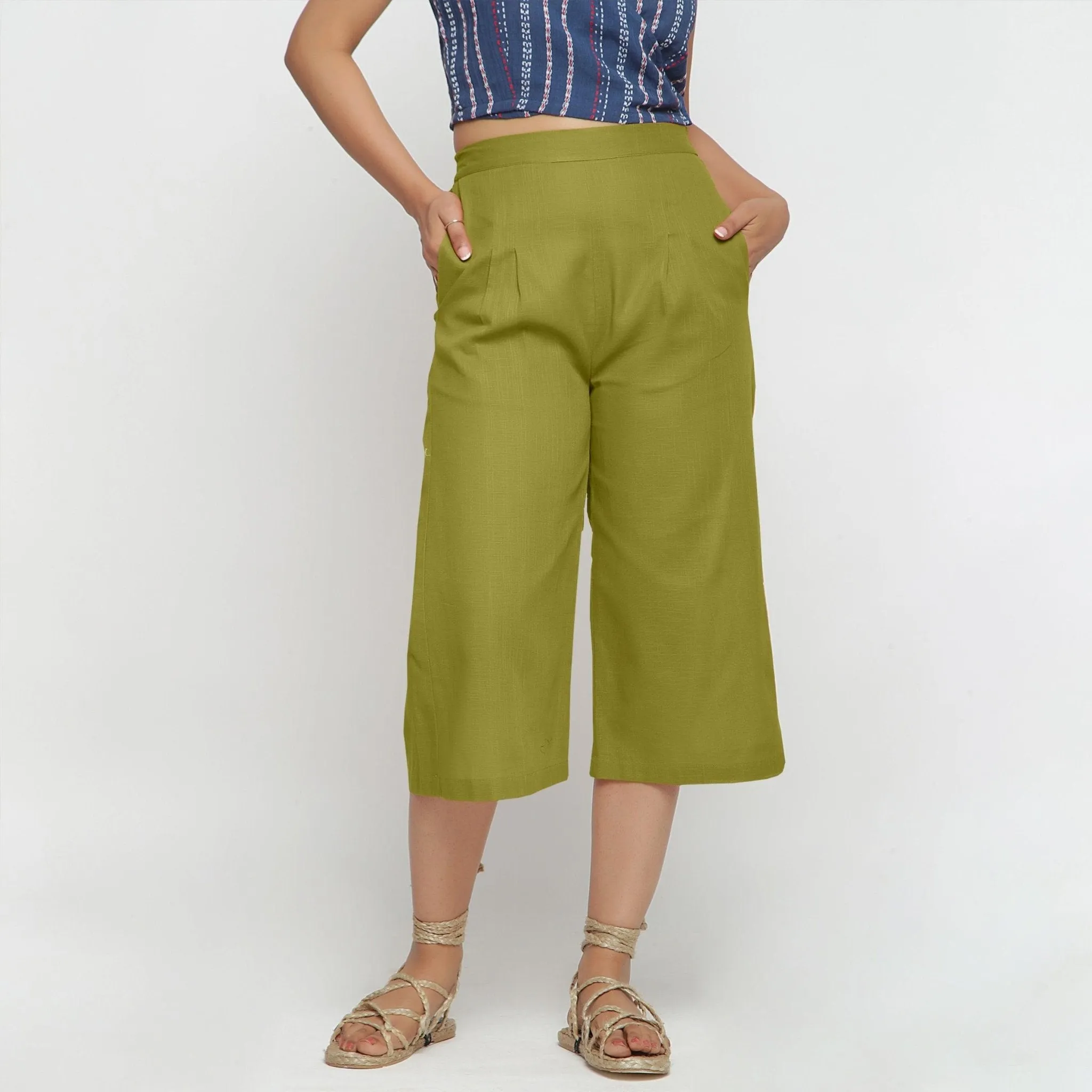 Green 100% Cotton Elasticated High-Rise Culottes