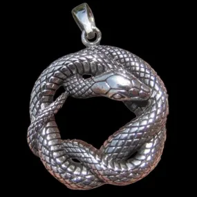 Infinity Snake Pendant Huge Charm Druid Pagan Wiccan Coiled Serpent Snake Kundalini Shakti Contemporary Elegant (Antique Silver Plated) 50cm