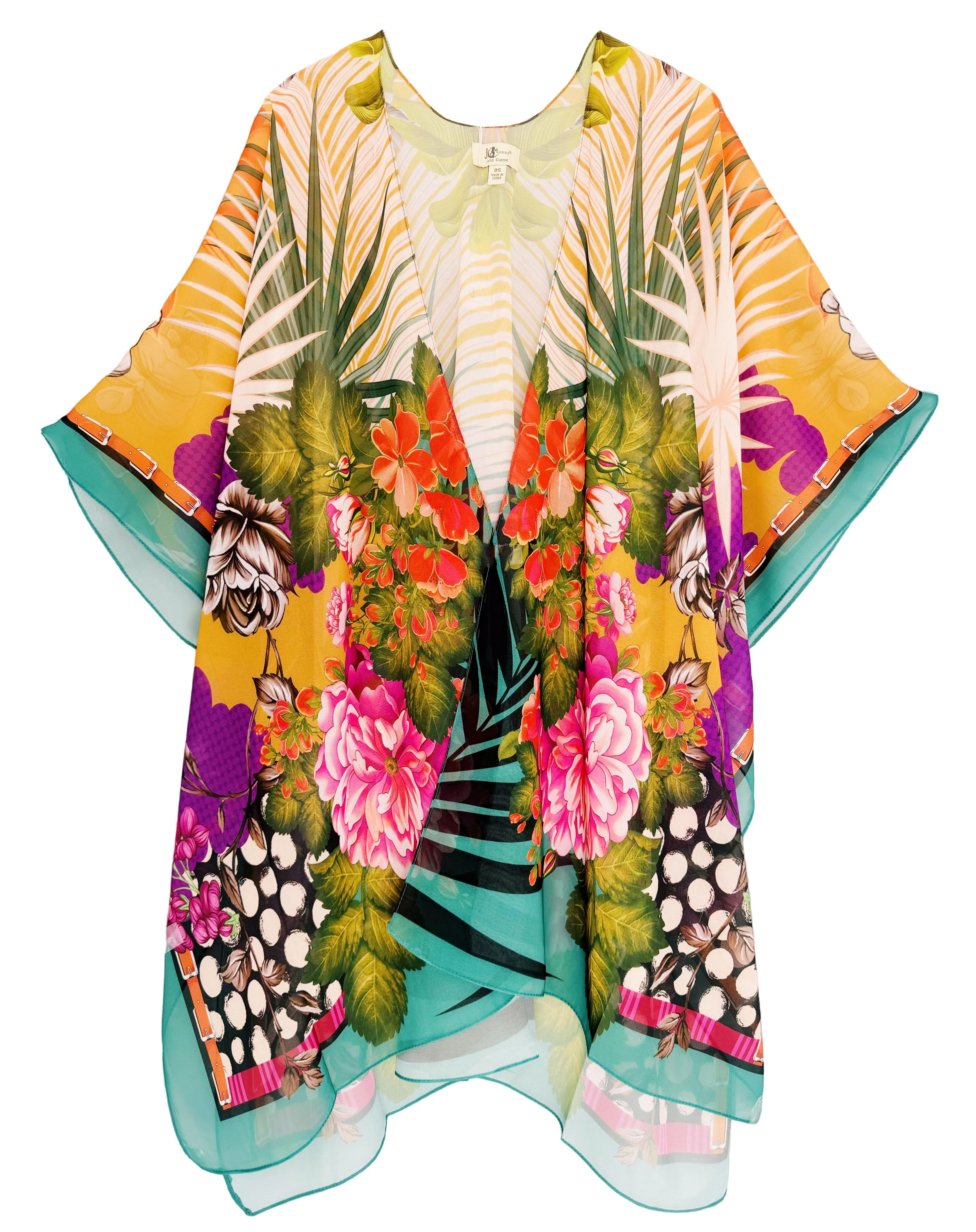 JC071206 Teal-Purple Tropical Floral & Leaf Kimono